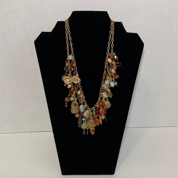 GoldTone Necklace 2 Strand Fall Earthtone Colors Multi Stones Filigree 16.5”+2” - Picture 3 of 11